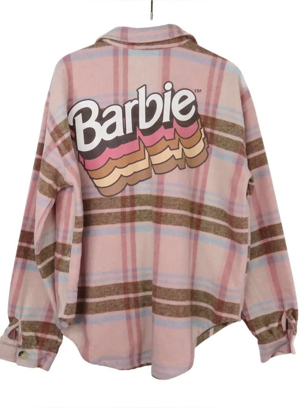 Barbie Pink Plaid Button-Down Shacket Retro Logo